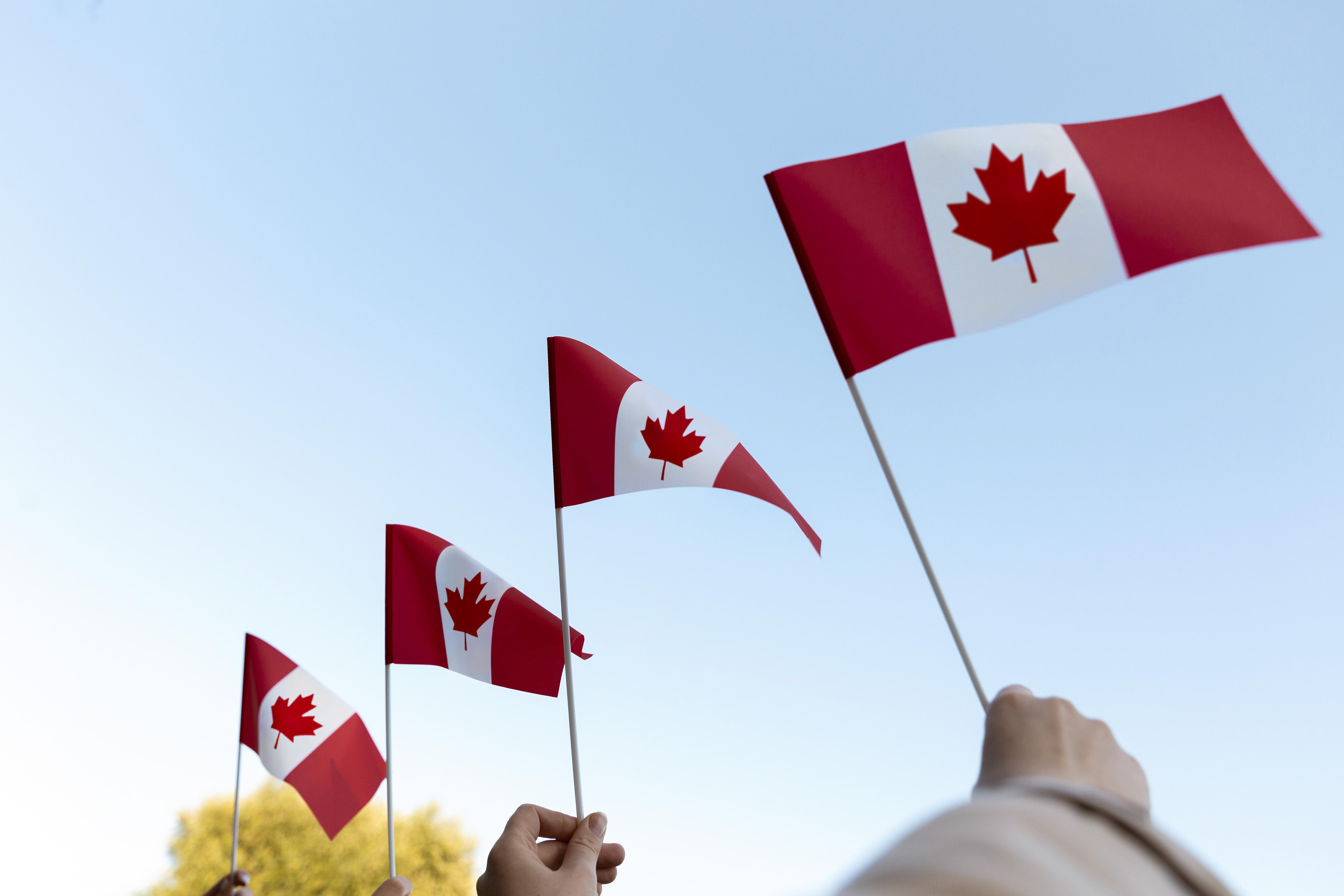 hands holding canadian flags against sky,